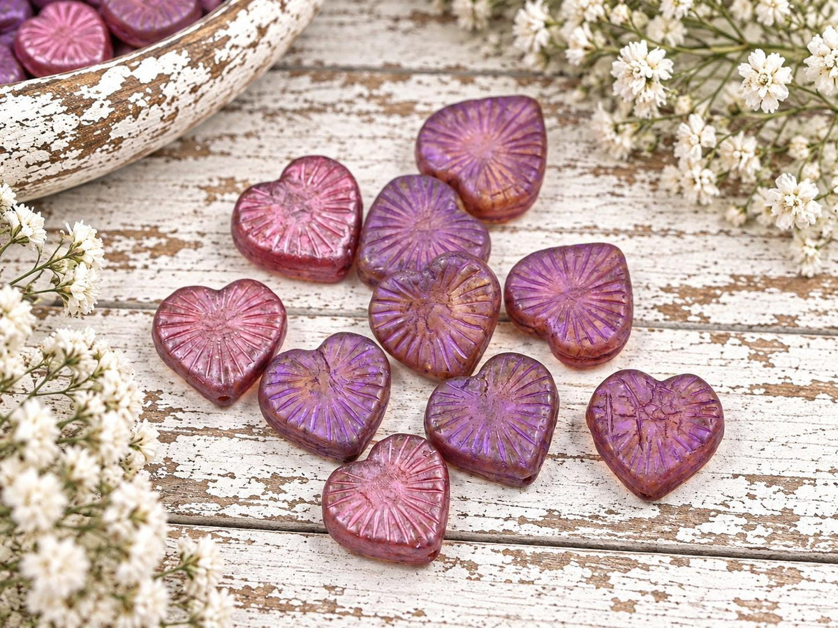 Czech Glass Heart Beads - Pink + Purple Lustered Crystal - 14mm - 10pcs - (3840)