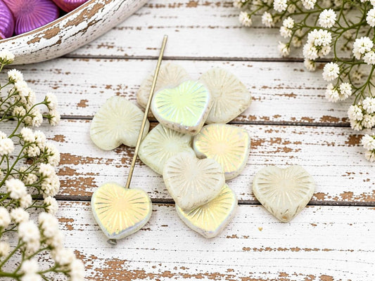 Czech Glass Heart Beads - Gold Washed Alabaster AB - 14mm - 10pcs - (5687)