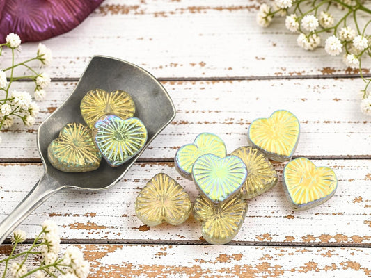 Czech Glass Heart Beads - Gold Washed Crystal AB - 14mm - 10pcs - (4363)
