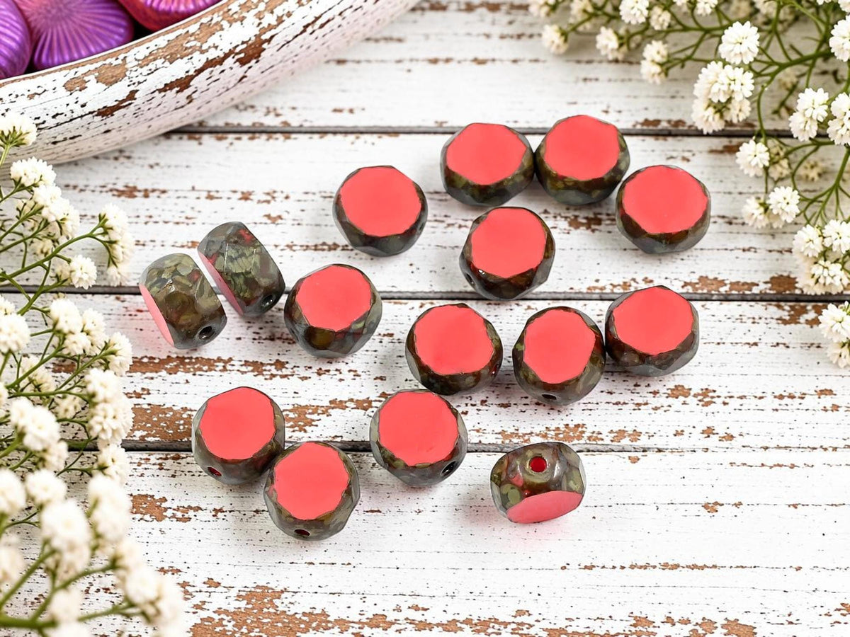 Czech Glass 2 Cut Fire Polished Faceted Round Beads - Coral Red Picasso - 8mm - 15pcs - (1264)