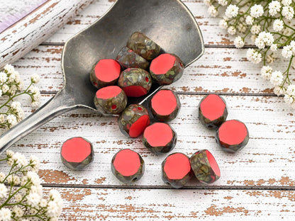 Czech Glass 2 Cut Fire Polished Faceted Round Beads - Coral Red Picasso - 8mm - 15pcs - (1264)