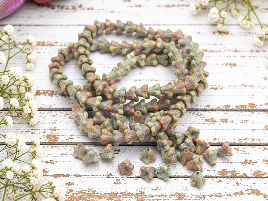Czech Glass Small Bell Flower Beads - Turquoise Washed Honey Beige Picasso - 5x6mm - 30pcs - (1075)