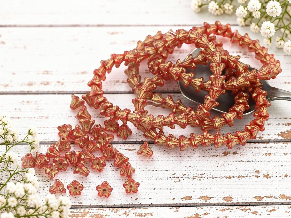 Czech Glass Small Bell Flower Beads - Gold Washed Ruby Red - 5x6mm - 30pcs - (509)