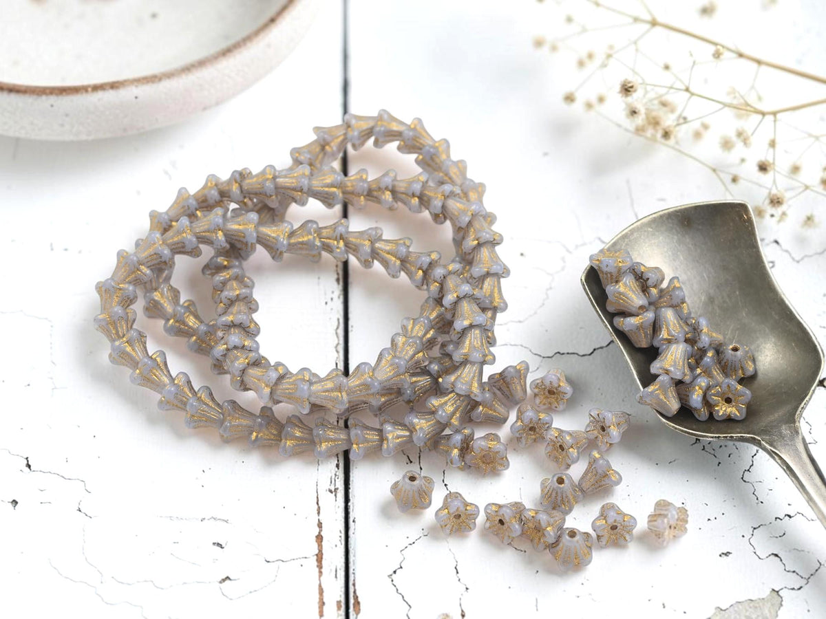 Czech Glass Small Bell Flower Beads - Gold Washed Pale Thistle - 5x6mm - 30pcs - (1934)