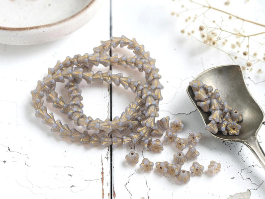 Czech Glass Small Bell Flower Beads - Gold Washed Pale Thistle - 5x6mm - 30pcs - (1934)