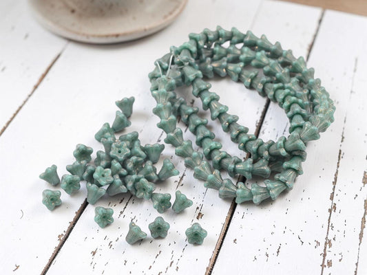 Czech Glass Small Bell Flower Beads - Bronze Washed Turquoise - 5x6mm - 30pcs - (2056)