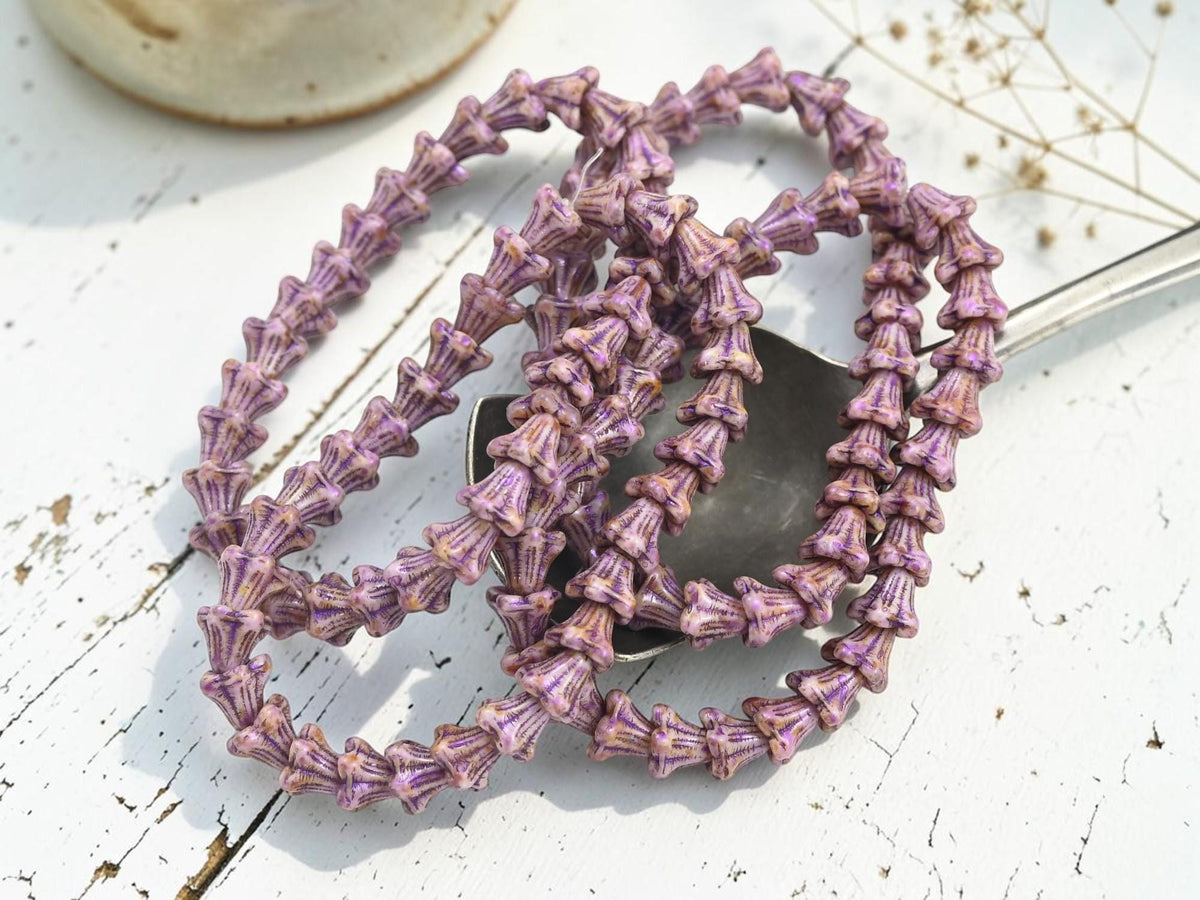 Czech Glass Small Bell Flower Beads - Purple Alabaster Picasso - 5x6mm - 30pcs - (1521)