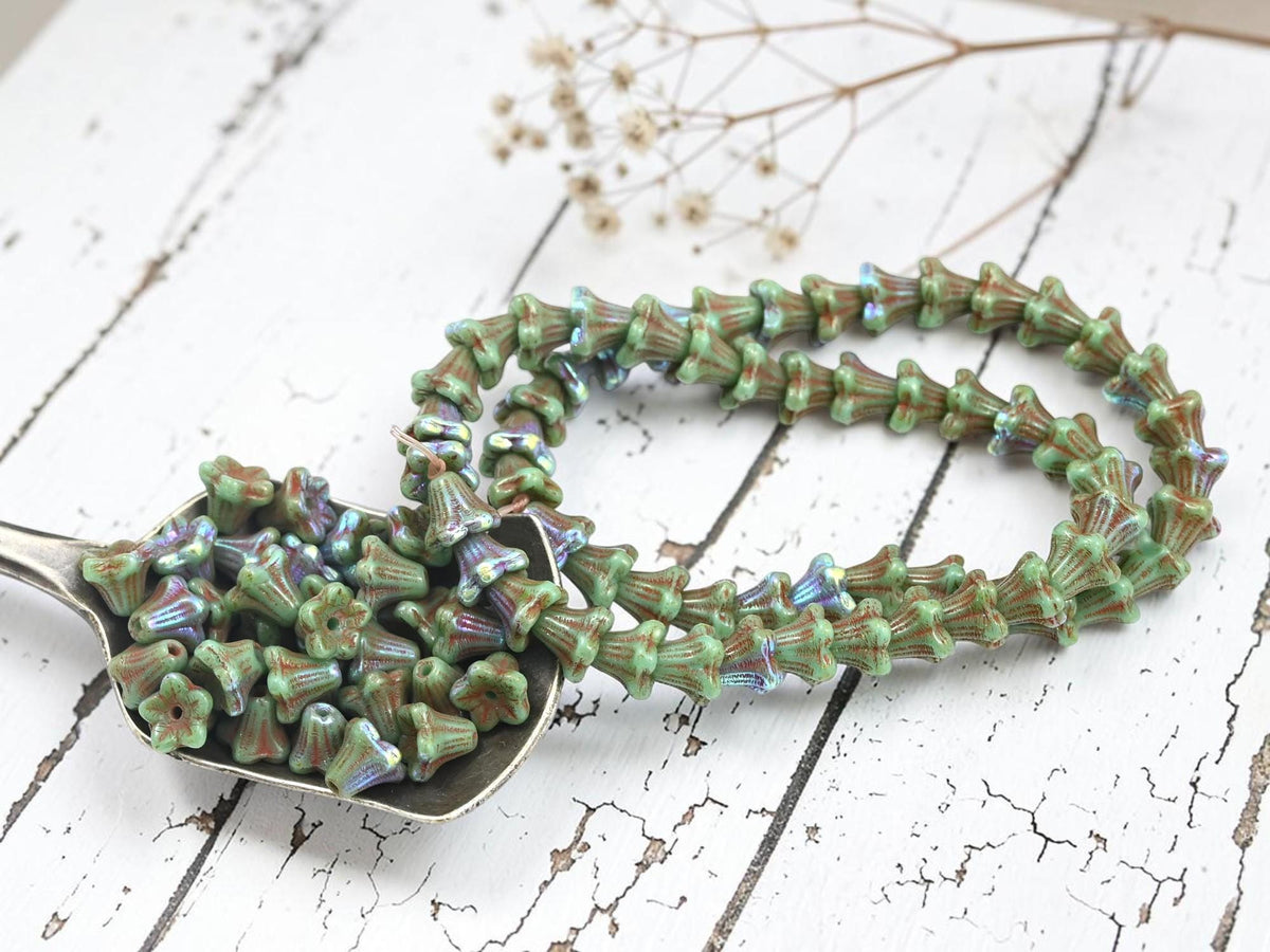 Czech Glass Small Bell Flower Beads - Turquoise Picasso AB - 5x6mm - 30pcs - (1893)