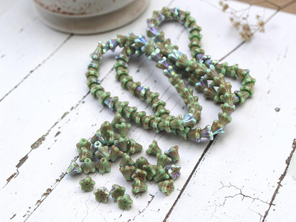 Czech Glass Small Bell Flower Beads - Turquoise Picasso AB - 5x6mm - 30pcs - (1893)
