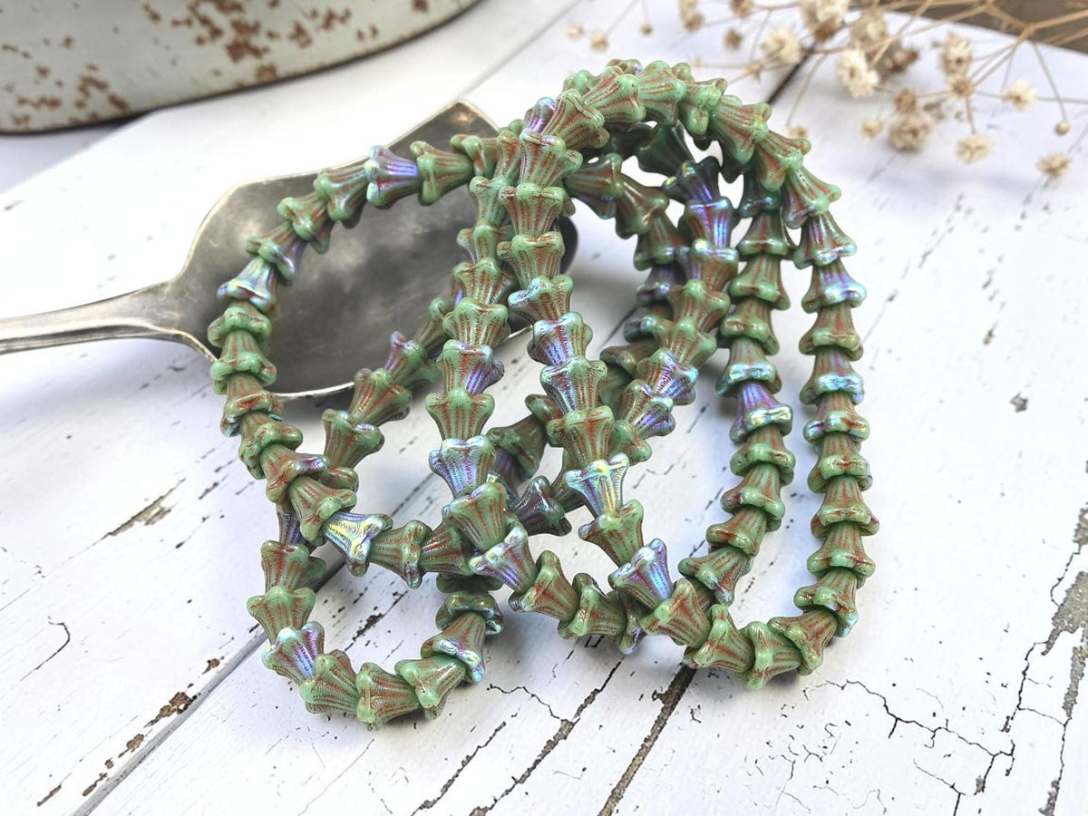 Czech Glass Small Bell Flower Beads - Turquoise Picasso AB - 5x6mm - 30pcs - (1893)