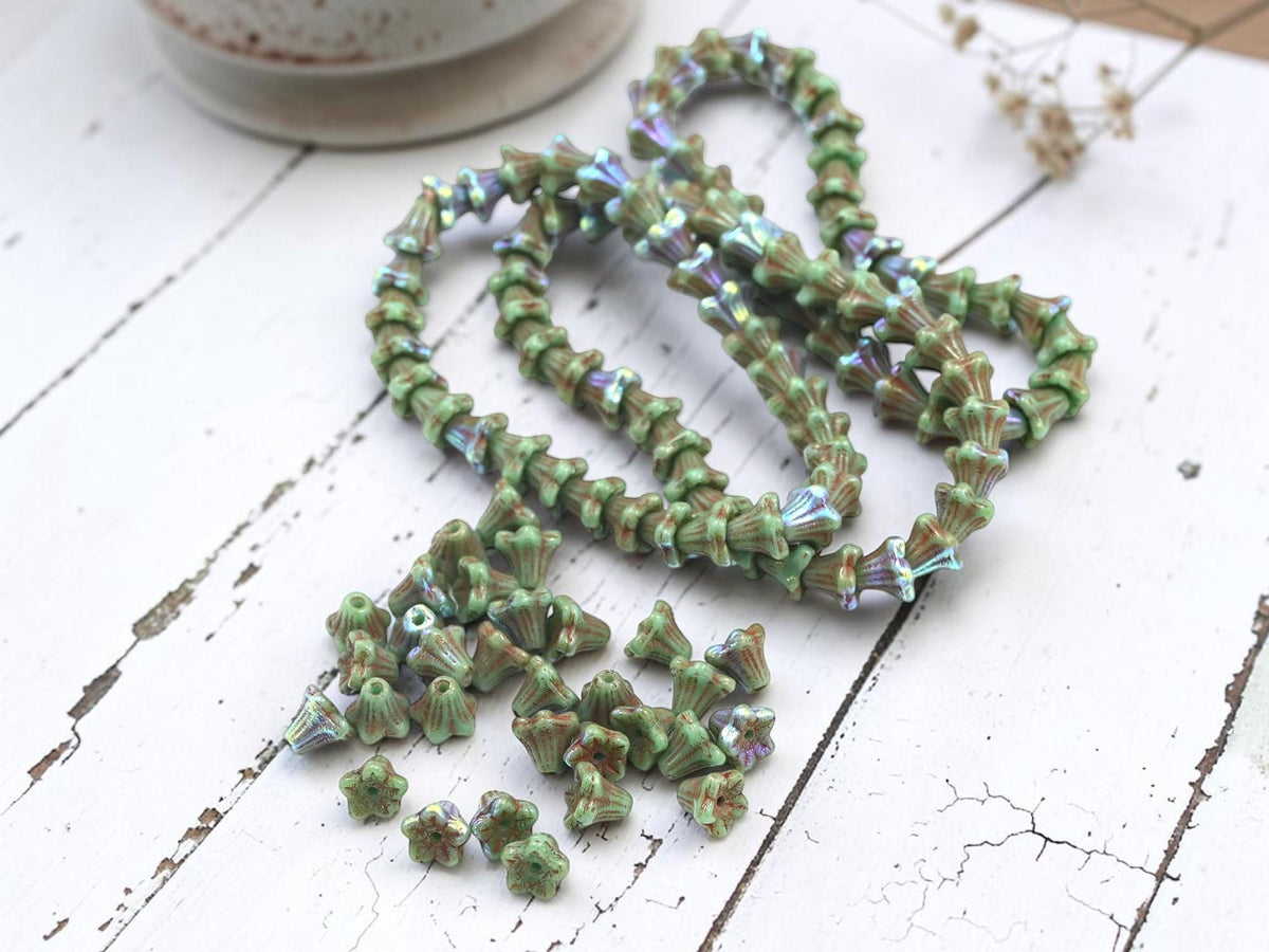 Czech Glass Small Bell Flower Beads - Turquoise Picasso AB - 5x6mm - 30pcs - (1893)