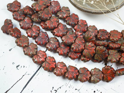 Czech Glass Maple Leaf Beads - Coral Red Travertine - 13x11mm - 12pcs - (1967)