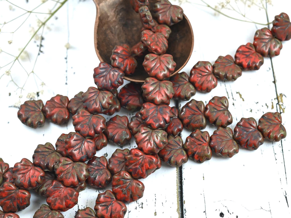 Czech Glass Maple Leaf Beads - Coral Red Travertine - 13x11mm - 12pcs - (1967)