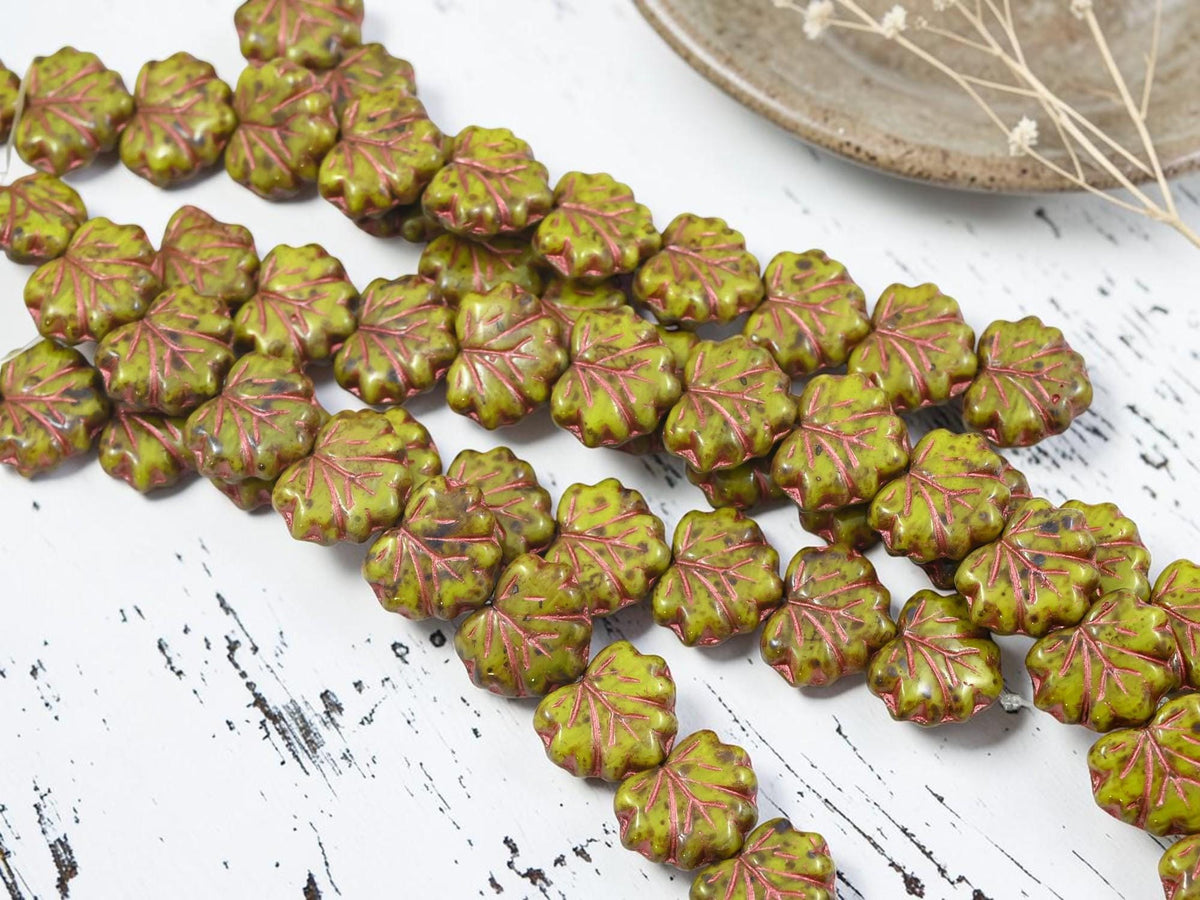 Czech Glass Maple Leaf Beads - Copper Washed Chartreuse Travertine - 13x11mm - 12pcs - (1443)