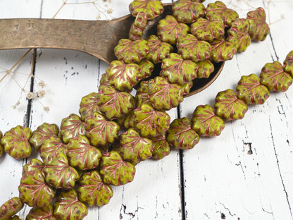 Czech Glass Maple Leaf Beads - Copper Washed Chartreuse Travertine - 13x11mm - 12pcs - (1443)