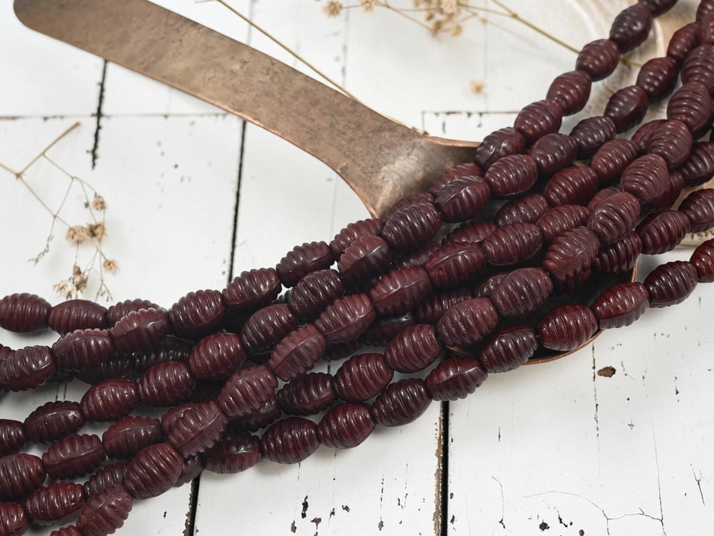 Old Stock Czech Glass Spiral Oval Beads - Opaque Burgandy - 9x6mm - 21pcs (2166)