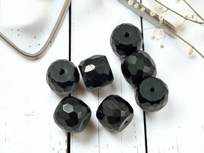 Vintage Old Stock Czech Glass Large Fire Polished Barrel Beads - Jet Black - 13x11mm - 10pcs - (315)