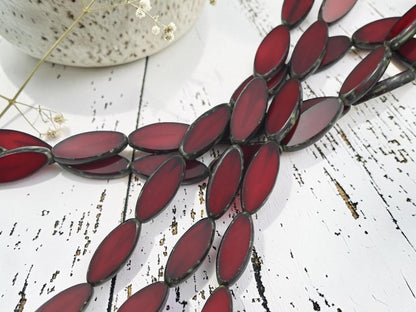 Czech Glass Table Cut Marquise Spindle Oval Beads - Red Opaline Picasso - 19x8mm- 8pcs - (622)