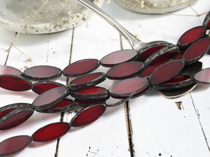 Czech Glass Table Cut Marquise Spindle Oval Beads - Red Opaline Picasso - 19x8mm- 8pcs - (622)