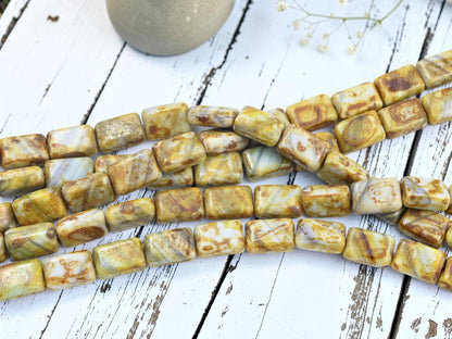 Czech Glass Old Stock Chiclet Rectangle Beads - Blue + White Travertine - 12x8mm - 16pcs - (846)