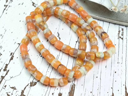 Czech Pressed Glass Barrel Beads - Orange + Sage Green - 8x7mm - 25pcs - (A434)