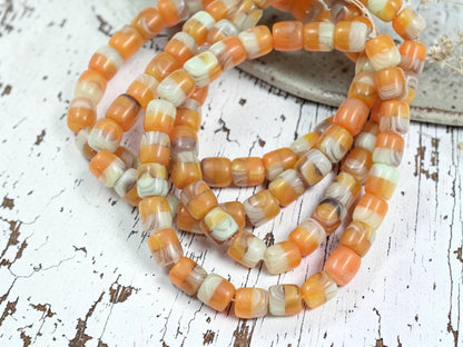 Czech Pressed Glass Barrel Beads - Orange + Sage Green - 8x7mm - 25pcs - (A434)