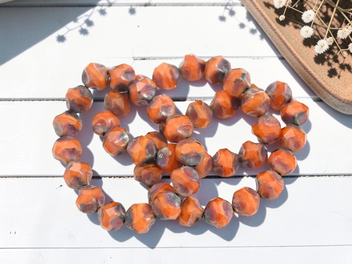 Czech Glass Fire Polished Central Cut Baroque Beads - Orange Silk Picasso - 9mm - 15pcs - (A719)