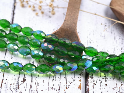 Old Stock Czech Glass Fire Polished Faceted Oval Beads - Emerald Green AB - 13x9mm - 15pcs - (761)