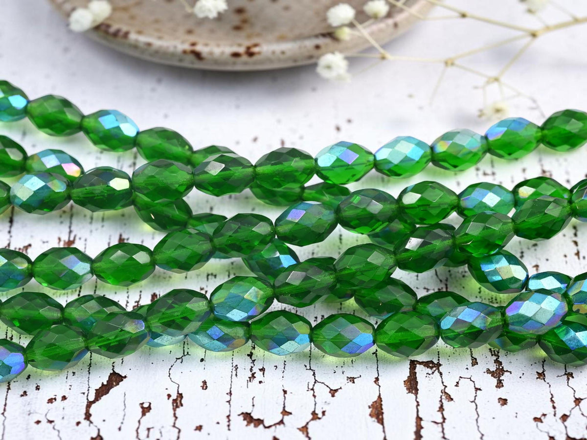 Old Stock Czech Glass Fire Polished Faceted Oval Beads - Emerald Green AB - 13x9mm - 15pcs - (761)