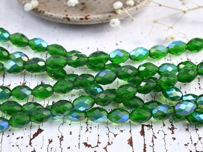 Old Stock Czech Glass Fire Polished Faceted Oval Beads - Emerald Green AB - 13x9mm - 15pcs - (761)