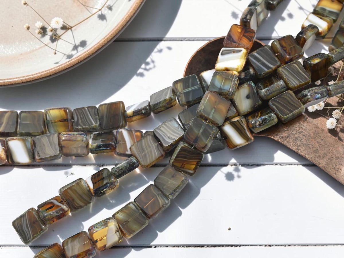 Old Stock Czech Glass Table Cut Square Beads - Blended Topaz Travertine - 10mm - 19pcs - (3136)