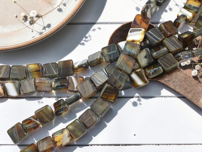 Old Stock Czech Glass Table Cut Square Beads - Blended Topaz Travertine - 10mm - 19pcs - (3136)