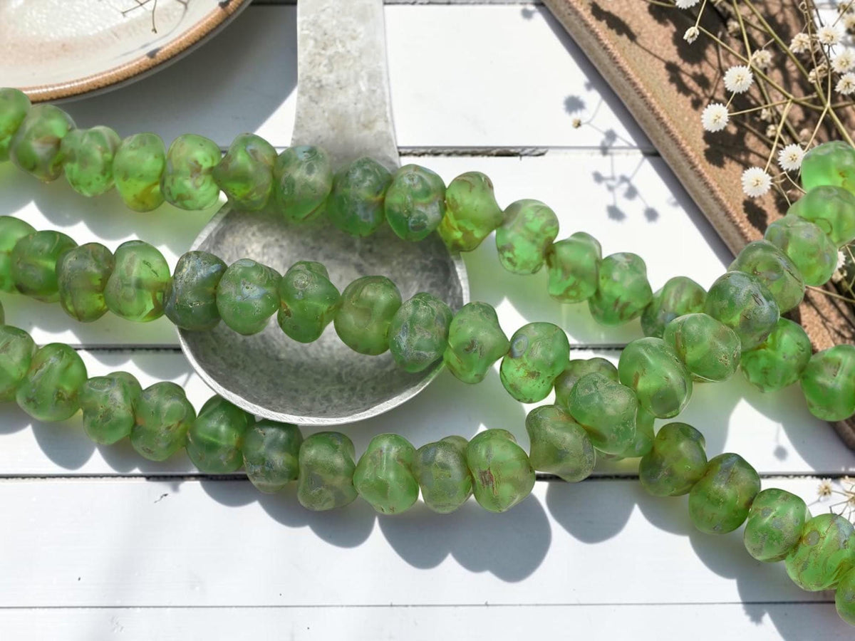 Vintage Old Stock Czech Glass Nugget Rondelle Beads - Matte Olivine Travertine - 8x10mm - 25pcs - (6141)