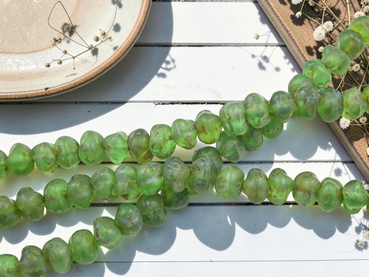 Vintage Old Stock Czech Glass Nugget Rondelle Beads - Matte Olivine Travertine - 8x10mm - 25pcs - (6141)