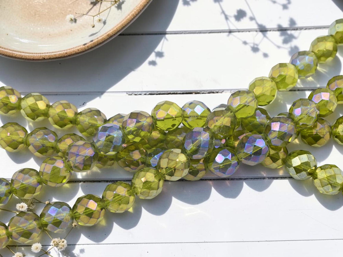 Old Stock Czech Glass Fire Polished Large Round Beads - Olivine Green Rainbow Luster - 12mm - 17pcs - (888)