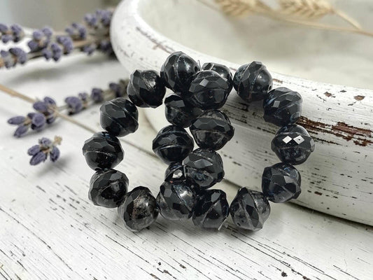 Czech Glass Faceted Saturn Beads - Jet Black Picasso - 10x12mm - 10pcs - (A671)