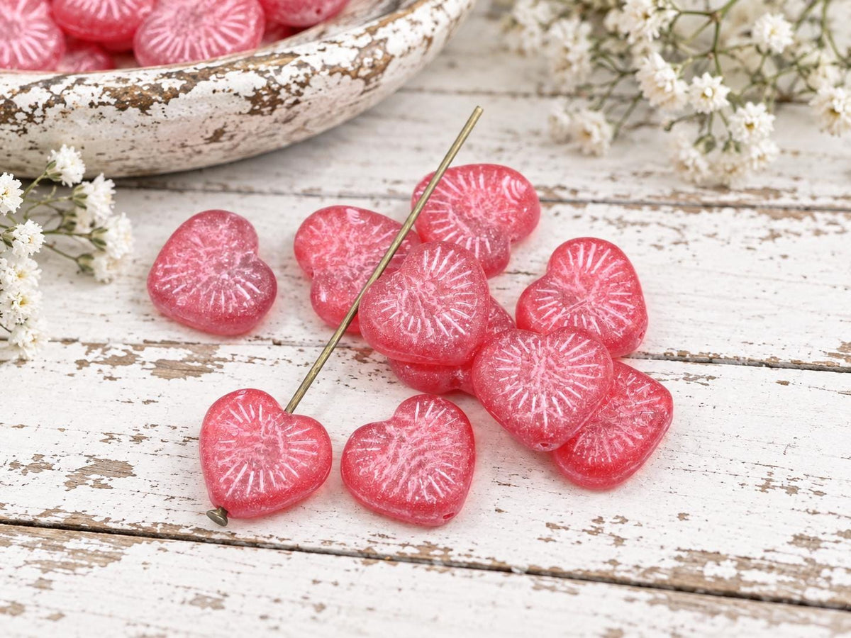 Czech Glass Heart Beads - Pink Washed Ruby Red - 14mm - 10pcs - (3972)
