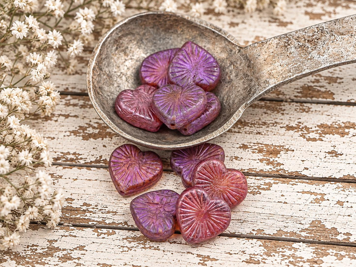 Czech Glass Heart Beads - Pink + Purple Lustered Crystal - 14mm - 10pcs - (3840)