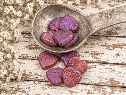 Czech Glass Heart Beads - Pink + Purple Lustered Crystal - 14mm - 10pcs - (3840)
