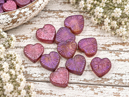 Czech Glass Heart Beads - Pink + Purple Lustered Crystal - 14mm - 10pcs - (3840)