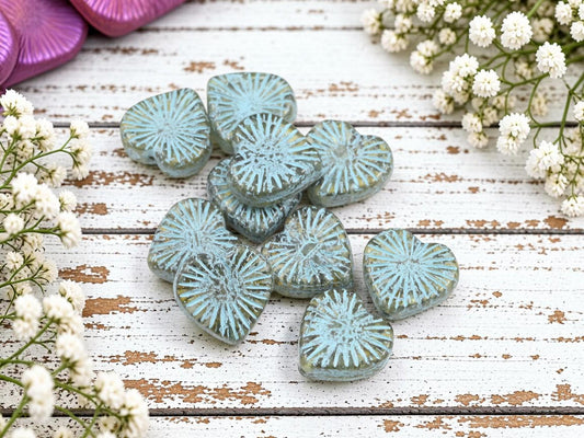 Czech Glass Heart Beads - Turquoise Washed Crystal Picasso - 14mm - 10pcs - (4282)