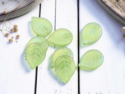 Old Stock Czech Glass Top Hole Leaf Beads - Sage Green Rainbow Luster - 12pcs - 18x14mm - (4944)