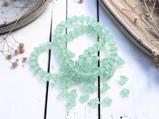 Czech Glass Small Bell Flower Beads - Gold Washed Aqua - 5x6mm - 30pcs - (939)