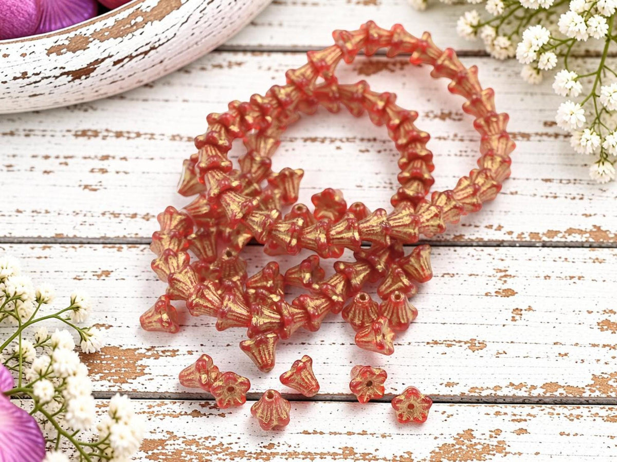 Czech Glass Small Bell Flower Beads - Gold Washed Ruby Red - 5x6mm - 30pcs - (509)