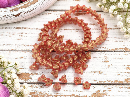 Czech Glass Small Bell Flower Beads - Gold Washed Ruby Red - 5x6mm - 30pcs - (509)