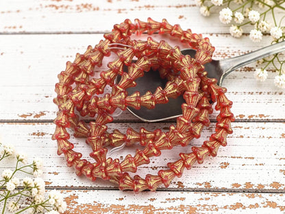 Czech Glass Small Bell Flower Beads - Gold Washed Ruby Red - 5x6mm - 30pcs - (509)