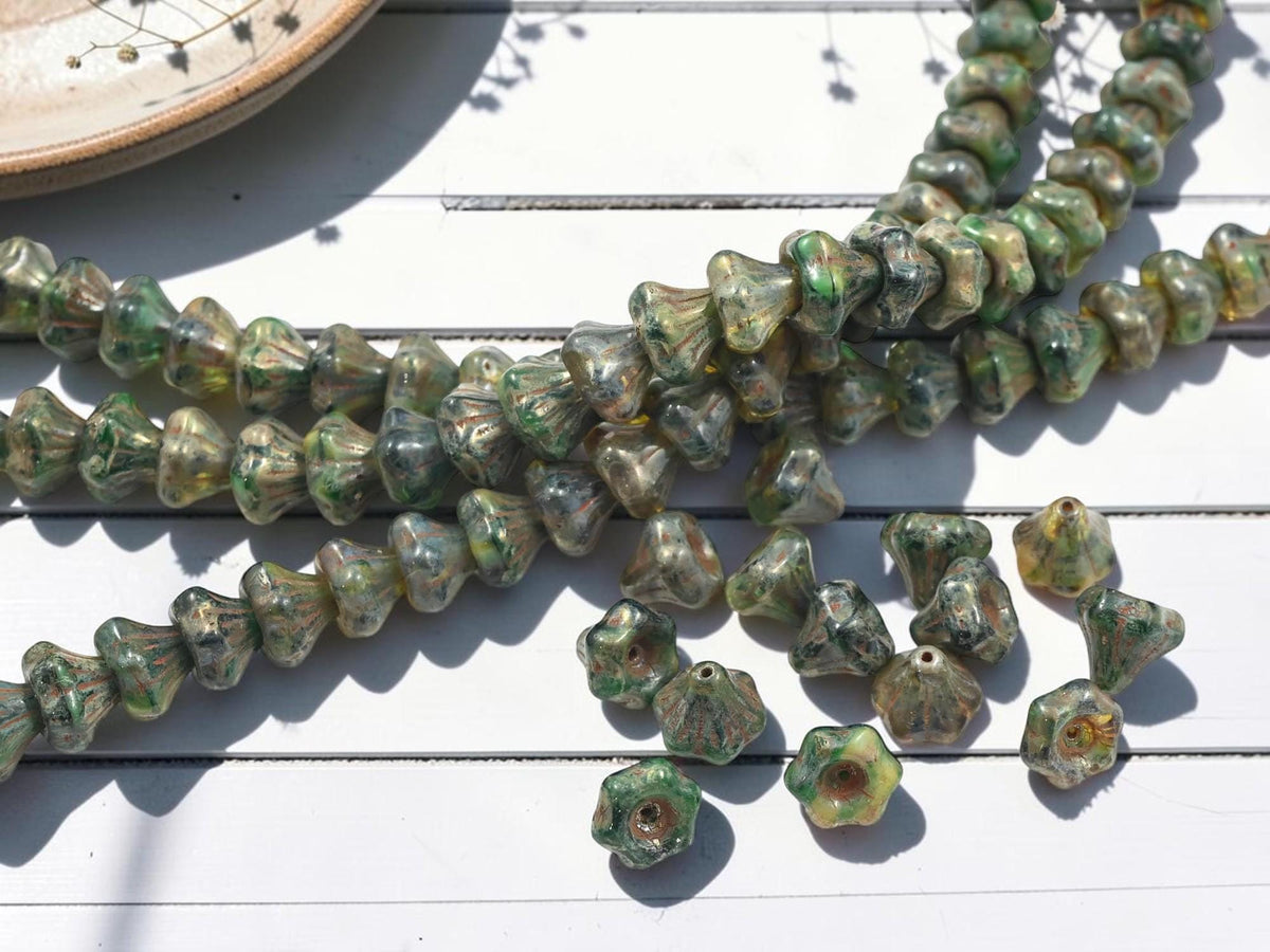 Old Stock Czech Glass Chunky Bell Flower Beads - Blended Green Travertine - 9x10mm - 28pcs - (3611)