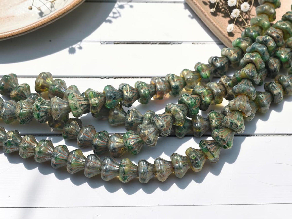 Old Stock Czech Glass Chunky Bell Flower Beads - Blended Green Travertine - 9x10mm - 28pcs - (3611)