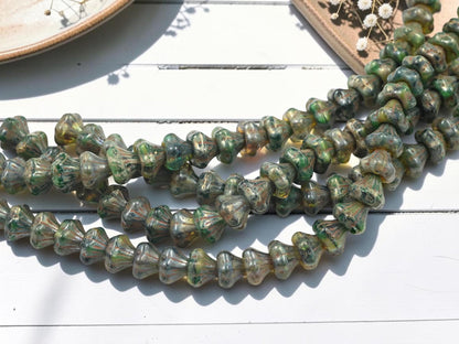Old Stock Czech Glass Chunky Bell Flower Beads - Blended Green Travertine - 9x10mm - 28pcs - (3611)