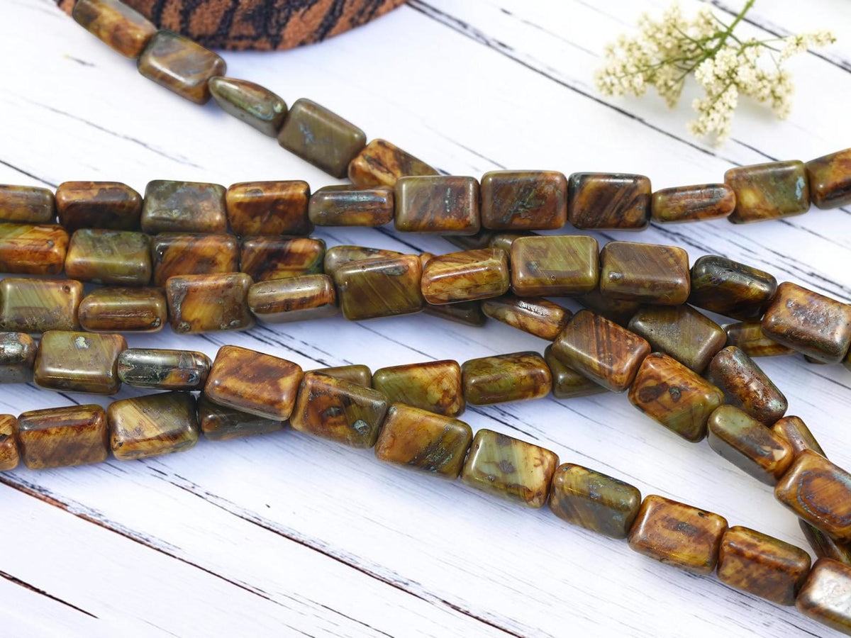 Czech Glass Old Stock Chiclet Rectangle Beads - Blue + White Travertine - 12x8mm - 16pcs - (846)